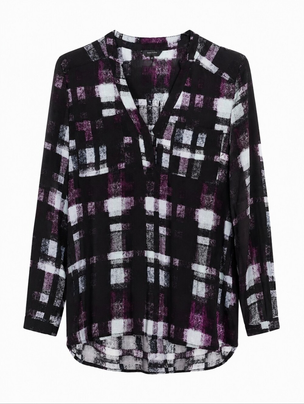 RW&CO. Purple Grey Abstract Plaid V-Neck Long Sleeve High-Low Tunic Blouse Top